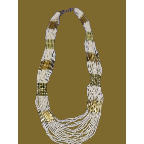 Multi Strand Necklace White Seed Beads Gold Tone Adjustable Statement Bib - Picture 1 of 3